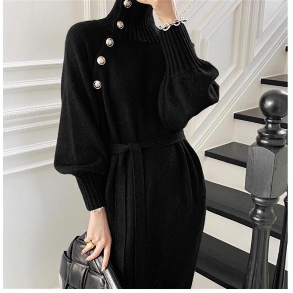 Black Turtleneck Knit Sweater Dress Gold Button Lantern Sleeve Belted Small Midi